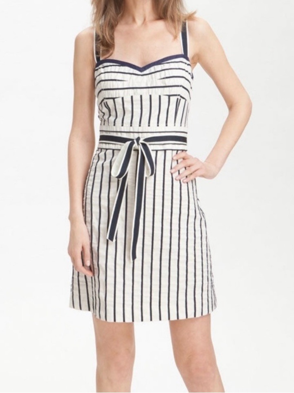 Tory Burch White and Navy Striped Belted Mini Dress